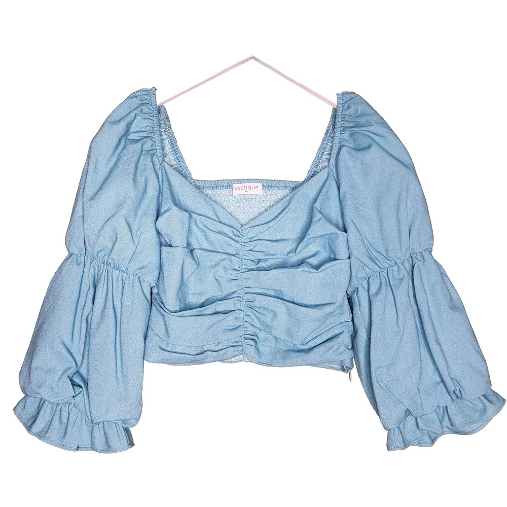 Vestique Crop Top M Blue Puff Sleeve Smocked Cottage Boho‎ Prairie Coquette